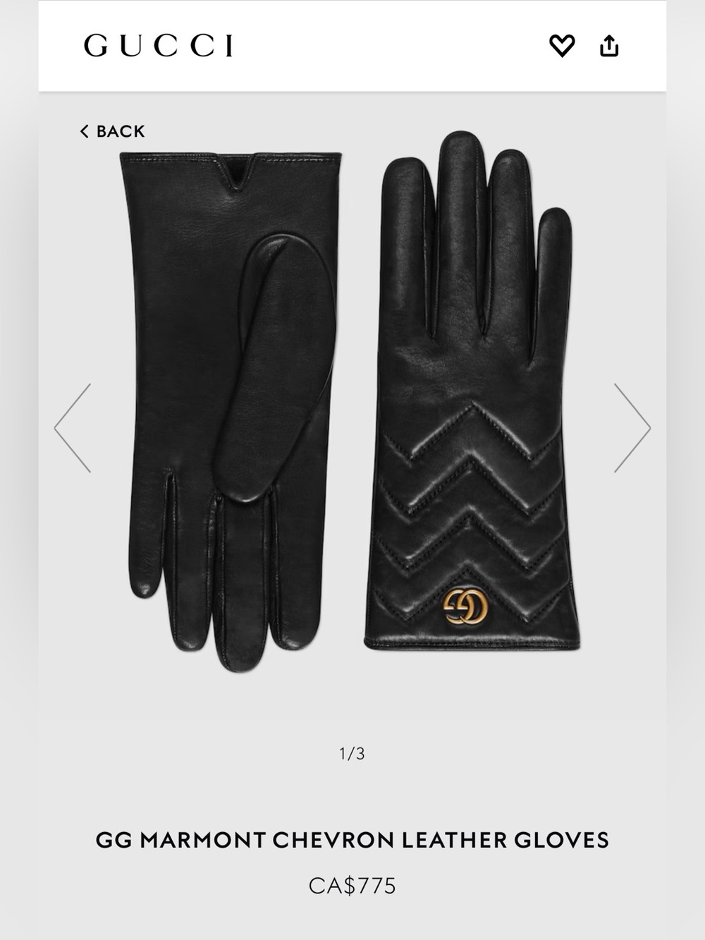 Gucci Black Chevron Leather Gloves with Gold GG Accent